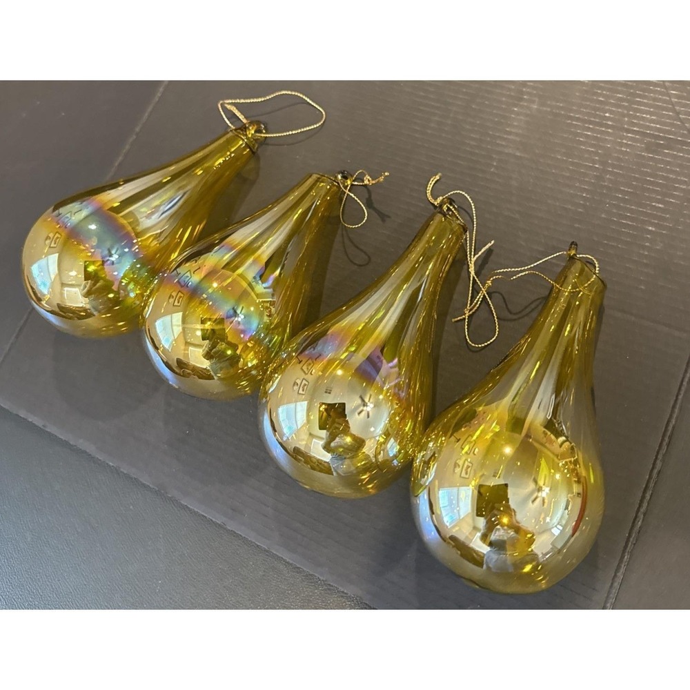 Hand Blown‎ Amber Gold Iridescent Art Glass Tear Drop Christmas Tree Ornaments 4